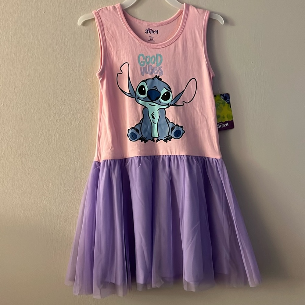 Stitch GOOD VIBES Dress with Pink Tank Top & Lavender Mesh Skirt * Girls size 6X